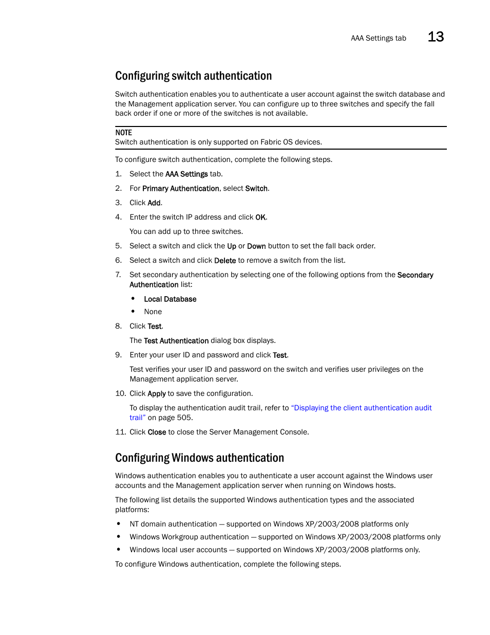 Configuring switch authentication, Configuring windows authentication | Brocade Network Advisor SAN + IP User Manual v12.1.0 User Manual | Page 565 / 2389