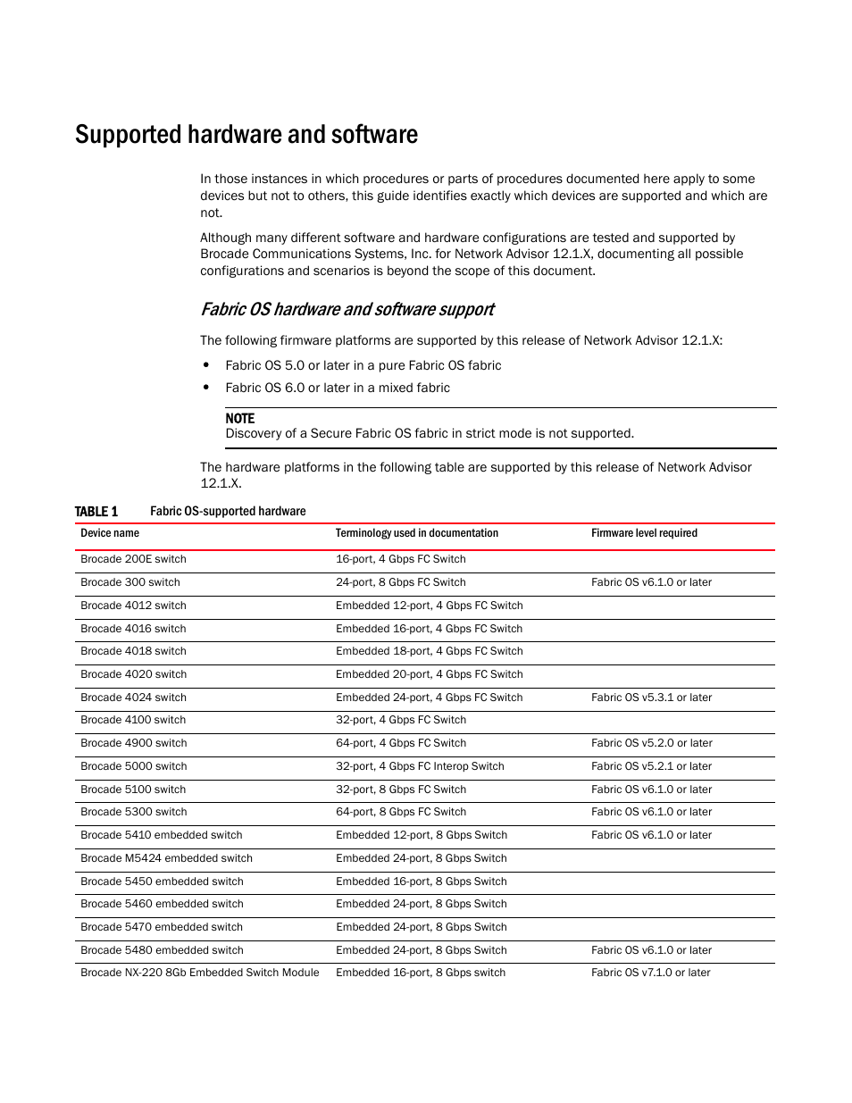 Supported hardware and software, Fabric os hardware and software support | Brocade Network Advisor SAN + IP User Manual v12.1.0 User Manual | Page 57 / 2389