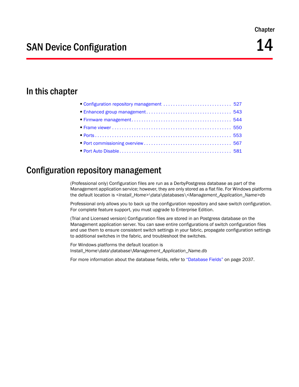 San device configuration, Configuration repository management, Chapter 14 | Chapter 14, “san device configuration | Brocade Network Advisor SAN + IP User Manual v12.1.0 User Manual | Page 589 / 2389