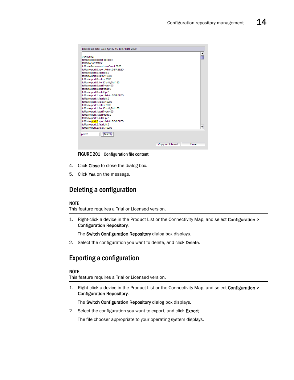 Deleting a configuration, Exporting a configuration | Brocade Network Advisor SAN + IP User Manual v12.1.0 User Manual | Page 597 / 2389