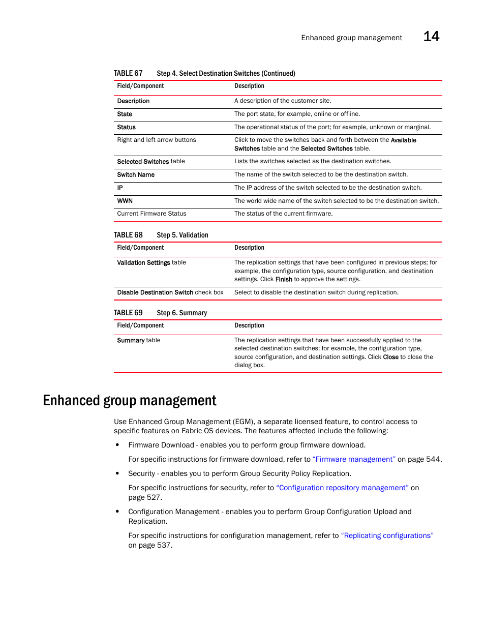 Enhanced group management, Table 68, Table 69 | Brocade Network Advisor SAN + IP User Manual v12.1.0 User Manual | Page 605 / 2389