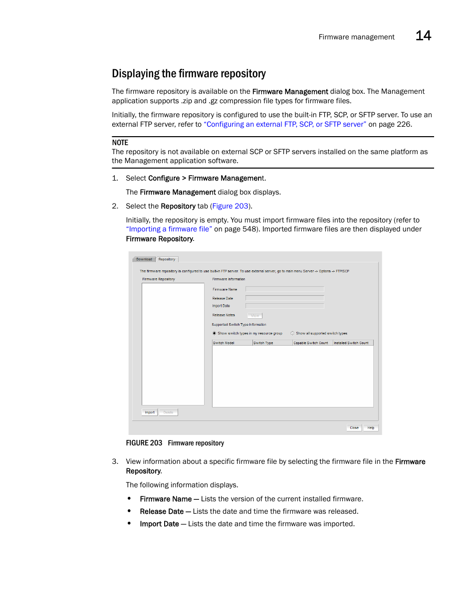 Displaying the firmware repository | Brocade Network Advisor SAN + IP User Manual v12.1.0 User Manual | Page 609 / 2389