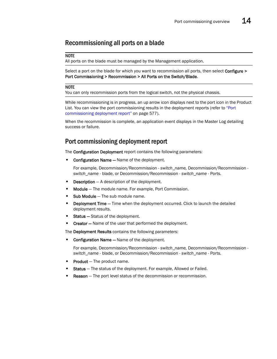 Recommissioning all ports on a blade, Port commissioning deployment report, Port | Commissioning deployment report | Brocade Network Advisor SAN + IP User Manual v12.1.0 User Manual | Page 639 / 2389