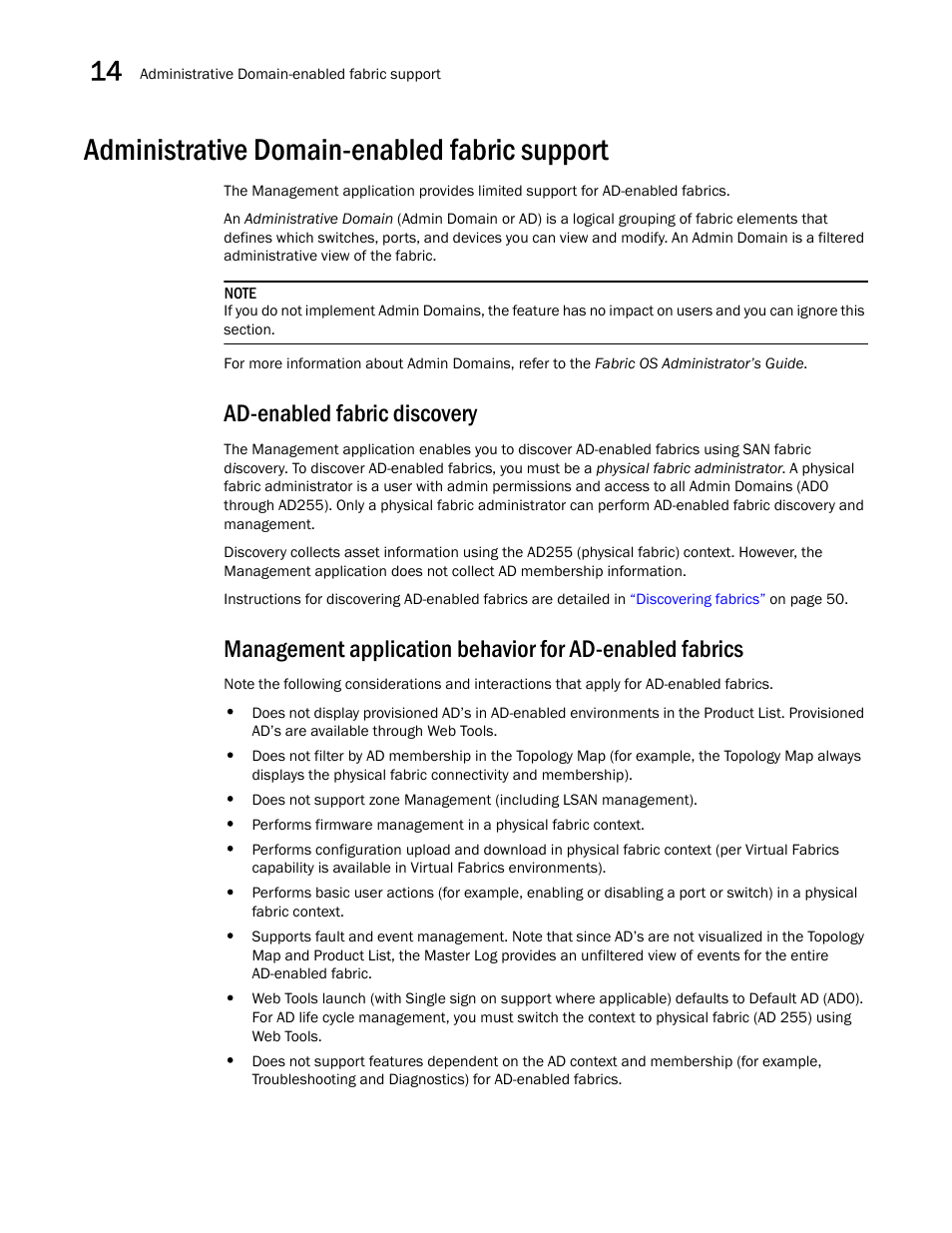 Administrative domain-enabled fabric support, Ad-enabled fabric discovery | Brocade Network Advisor SAN + IP User Manual v12.1.0 User Manual | Page 640 / 2389