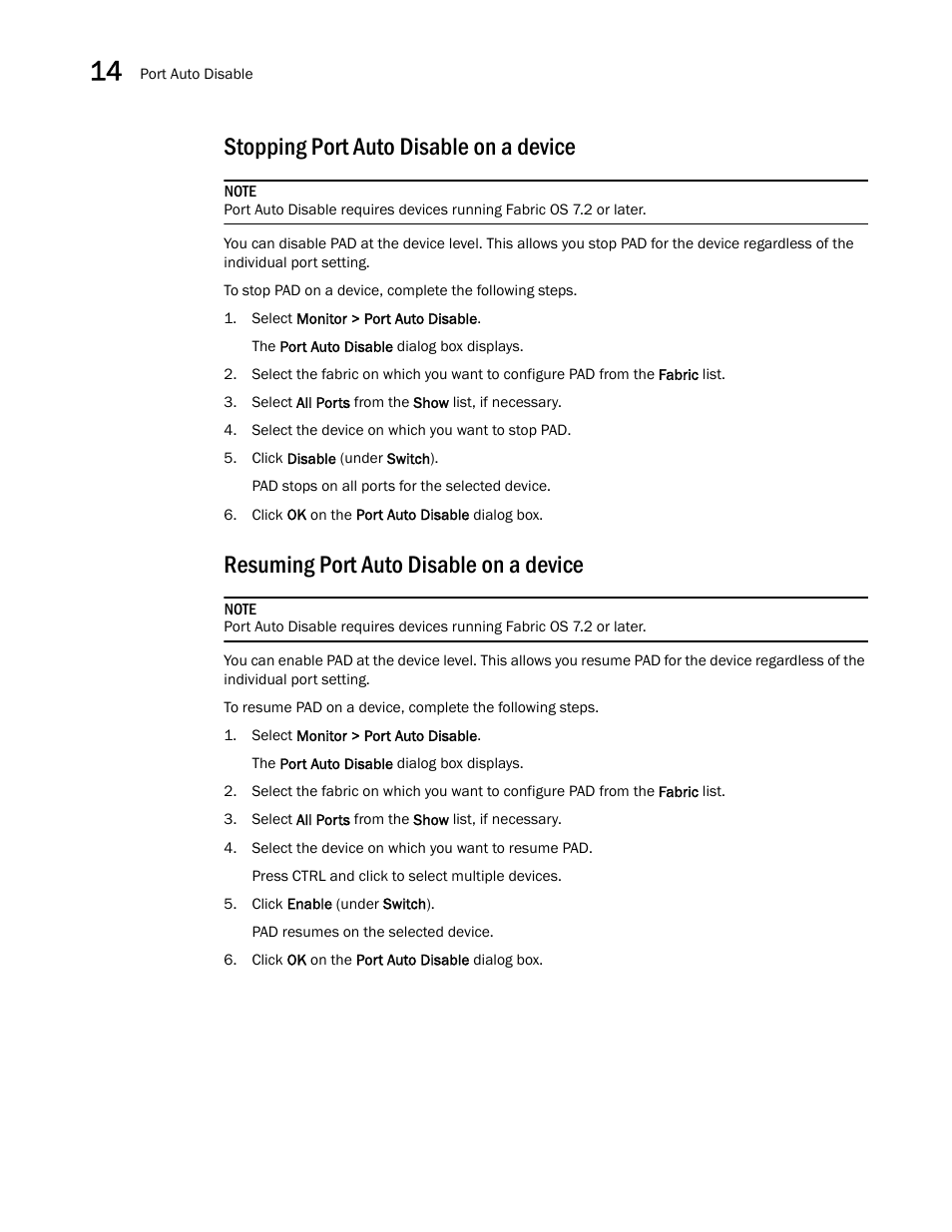 Stopping port auto disable on a device, Resuming port auto disable on a device | Brocade Network Advisor SAN + IP User Manual v12.1.0 User Manual | Page 648 / 2389