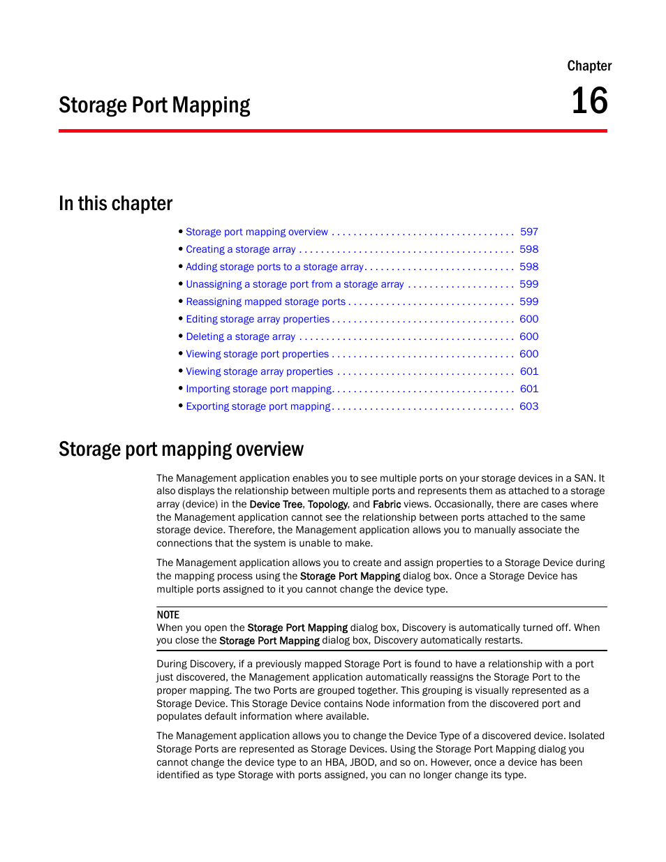 Storage port mapping, In this chapter, Storage port mapping overview | Chapter 16, Chapter 16, “storage port mapping | Brocade Network Advisor SAN + IP User Manual v12.1.0 User Manual | Page 657 / 2389