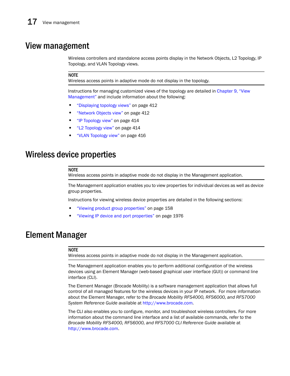 View management, Wireless device properties, Element manager | Brocade Network Advisor SAN + IP User Manual v12.1.0 User Manual | Page 667 / 2389