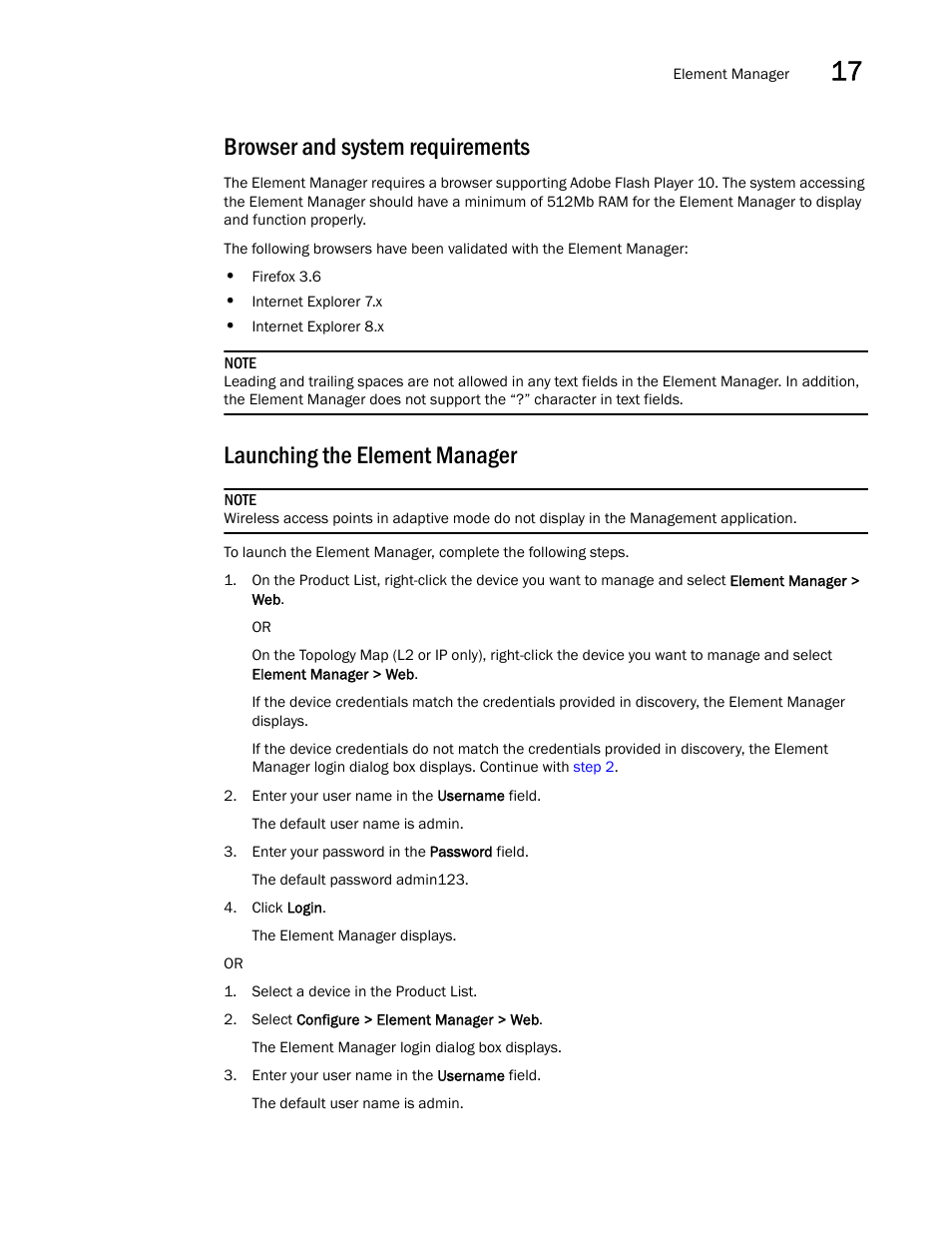 Browser and system requirements, Launching the element manager | Brocade Network Advisor SAN + IP User Manual v12.1.0 User Manual | Page 668 / 2389