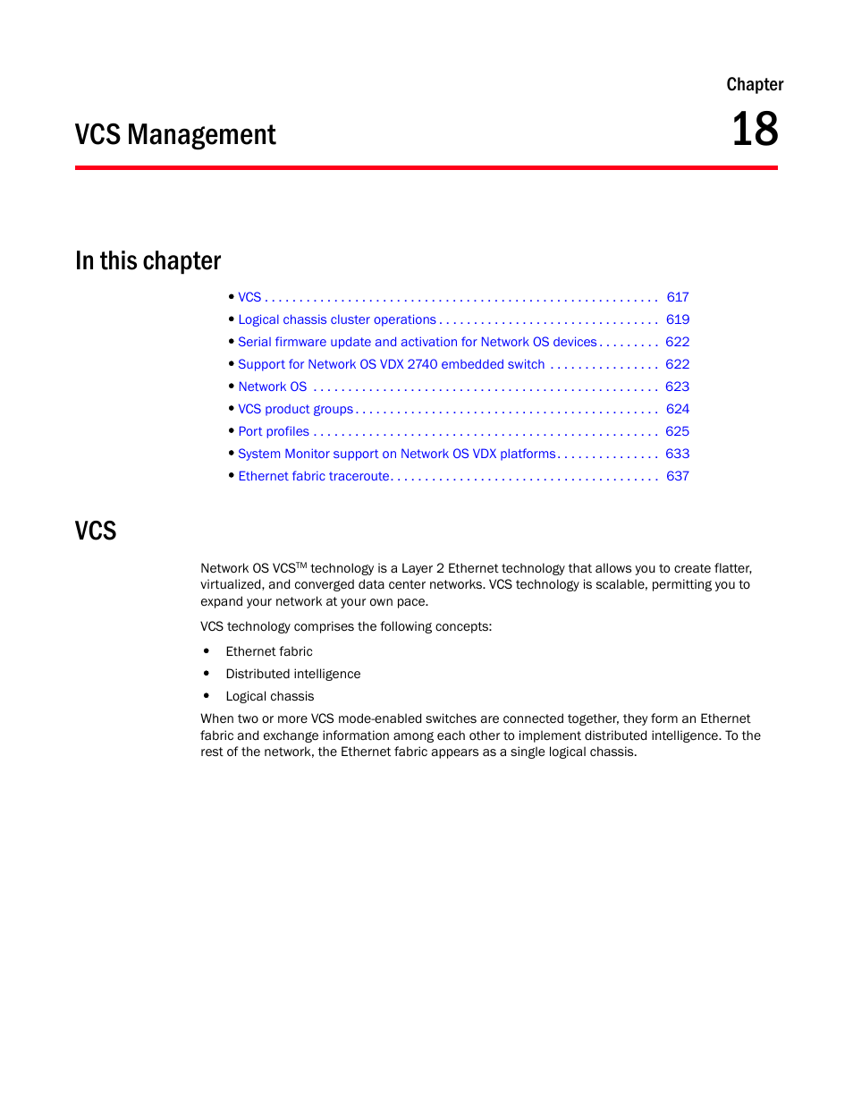 Vcs management, In this chapter, Chapter 18 | Chapter 18, “vcs management | Brocade Network Advisor SAN + IP User Manual v12.1.0 User Manual | Page 675 / 2389
