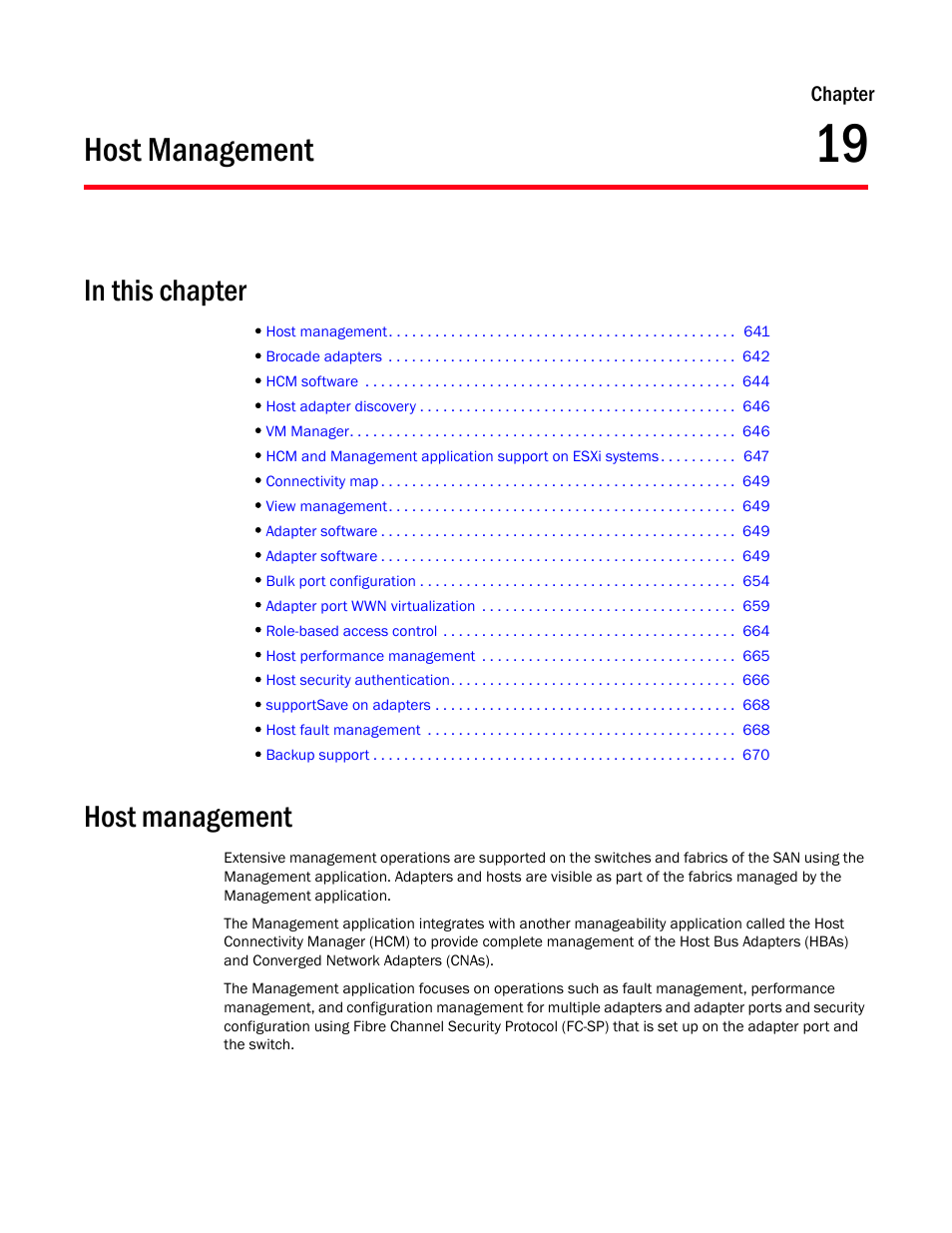 Host management, Chapter 19, Chapter 19, “host management | Brocade Network Advisor SAN + IP User Manual v12.1.0 User Manual | Page 699 / 2389