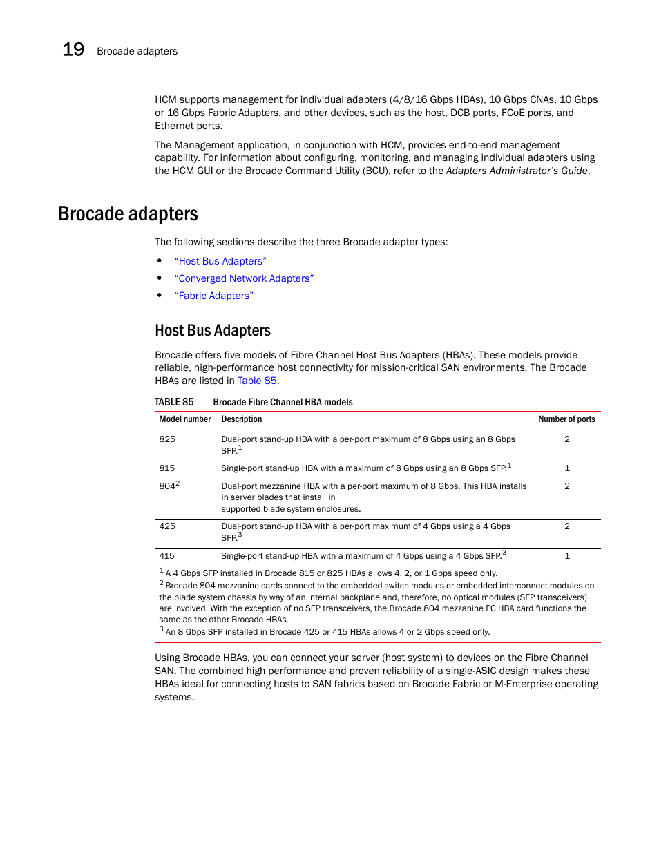 Brocade adapters, Host bus adapters | Brocade Network Advisor SAN + IP User Manual v12.1.0 User Manual | Page 700 / 2389