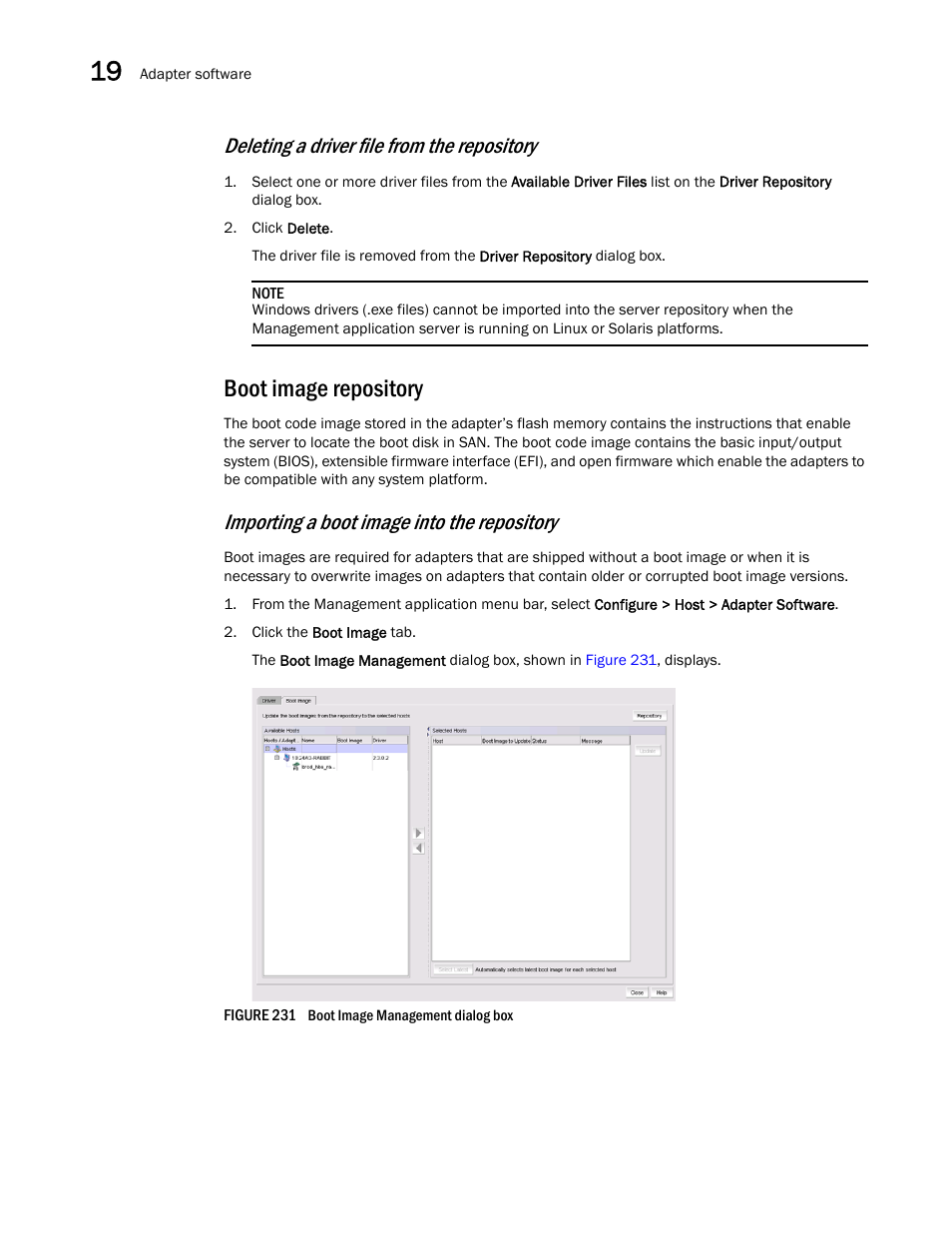 Boot image repository, Importing a boot image into the repository, Deleting a driver file from the repository | Brocade Network Advisor SAN + IP User Manual v12.1.0 User Manual | Page 710 / 2389