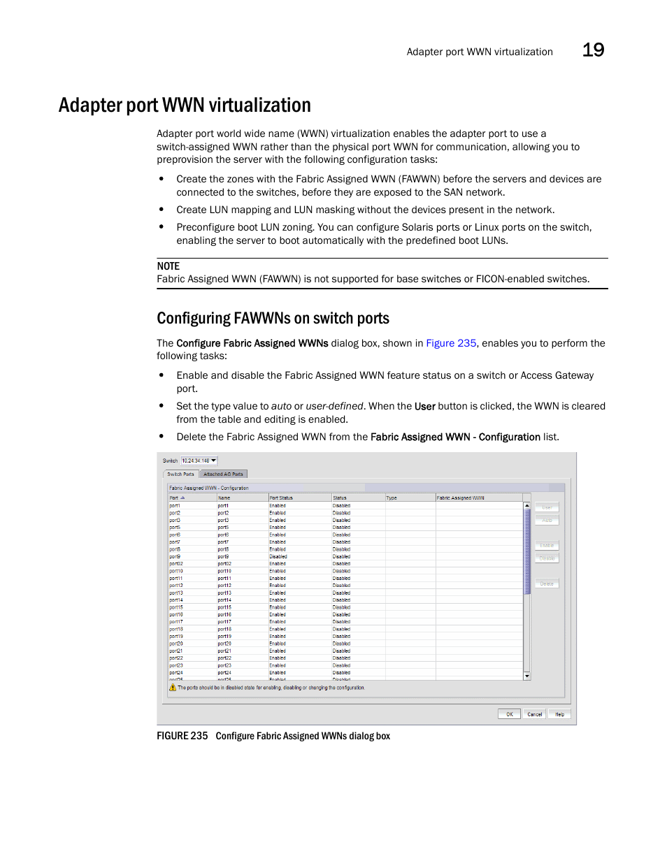 Adapter port wwn virtualization, Configuring fawwns on switch ports | Brocade Network Advisor SAN + IP User Manual v12.1.0 User Manual | Page 717 / 2389