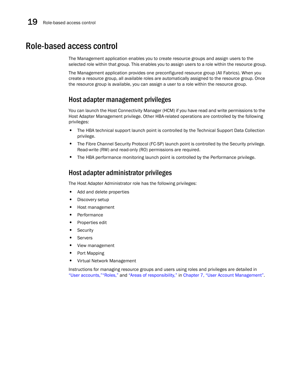 Role-based access control, Host adapter management privileges, Host adapter administrator privileges | Brocade Network Advisor SAN + IP User Manual v12.1.0 User Manual | Page 722 / 2389
