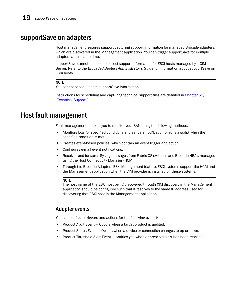 Supportsave on adapters, Host fault management, Adapter events | Brocade Network Advisor SAN + IP User Manual v12.1.0 User Manual | Page 726 / 2389