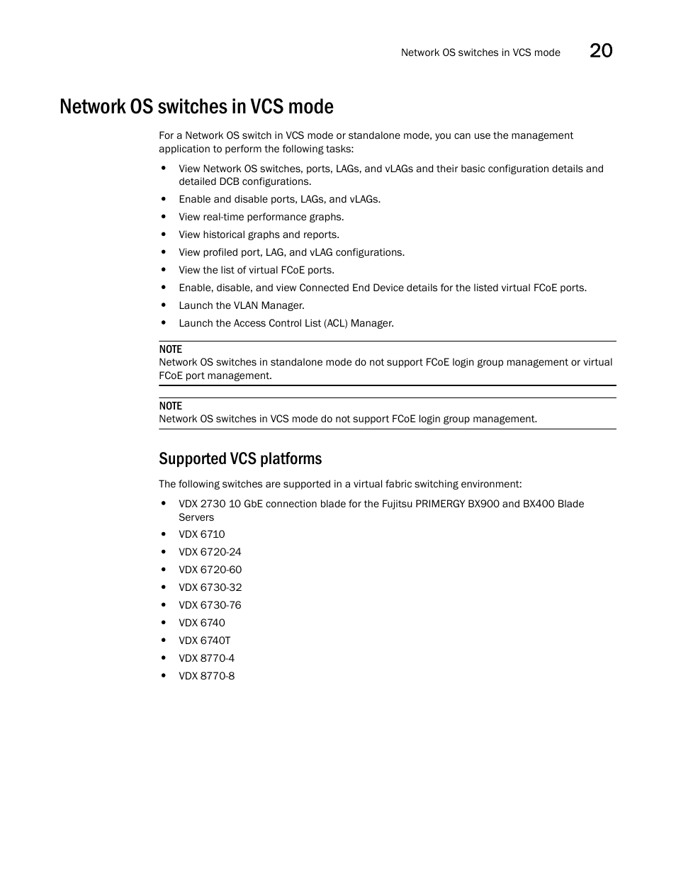 Network os switches in vcs mode, Supported vcs platforms | Brocade Network Advisor SAN + IP User Manual v12.1.0 User Manual | Page 774 / 2389