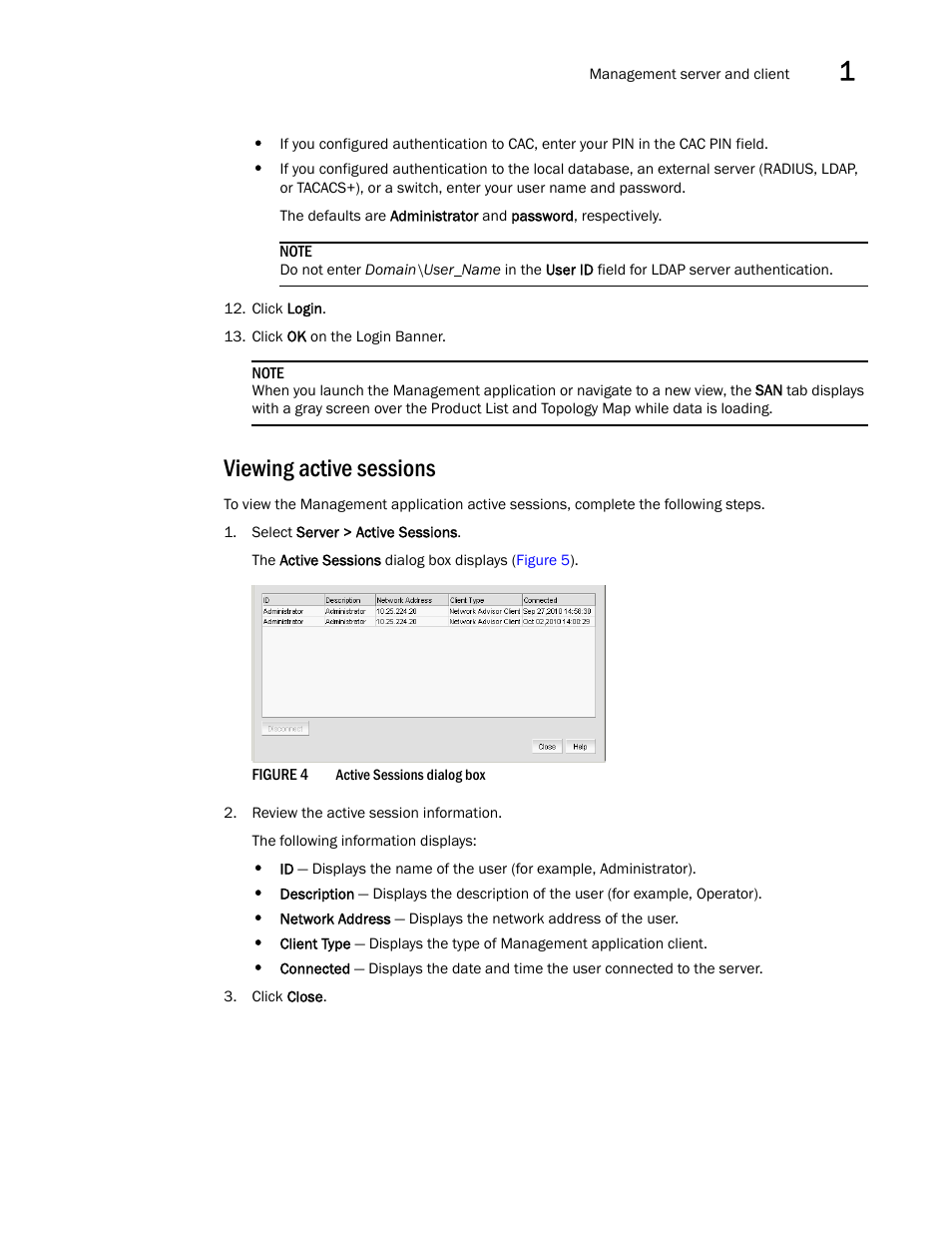 Viewing active sessions | Brocade Network Advisor SAN + IP User Manual v12.1.0 User Manual | Page 78 / 2389