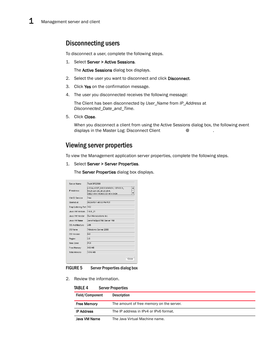 Disconnecting users, Viewing server properties | Brocade Network Advisor SAN + IP User Manual v12.1.0 User Manual | Page 79 / 2389