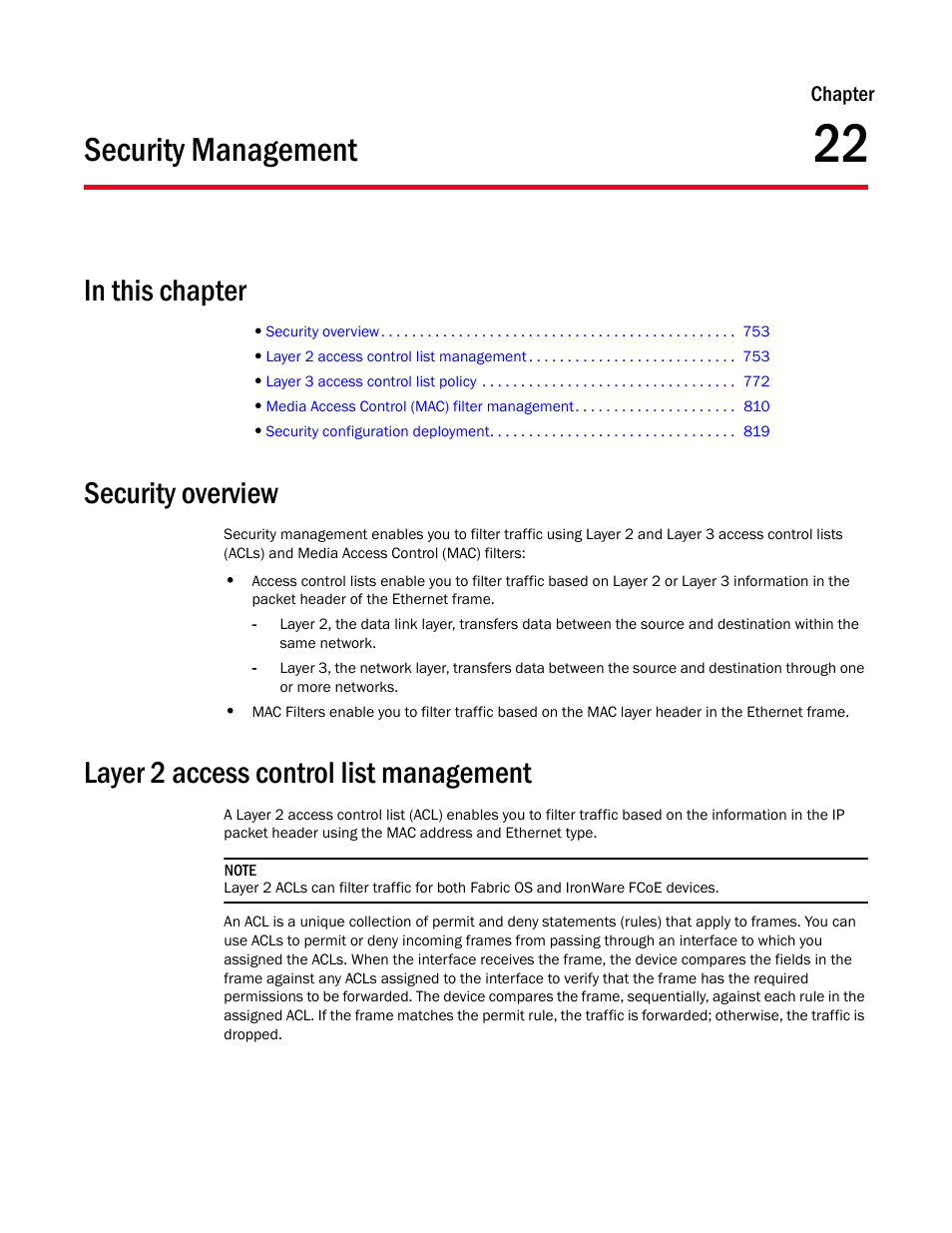 Security management, Security overview, Layer 2 access control list management | Chapter 22, Chapter 22, “security management | Brocade Network Advisor SAN + IP User Manual v12.1.0 User Manual | Page 809 / 2389