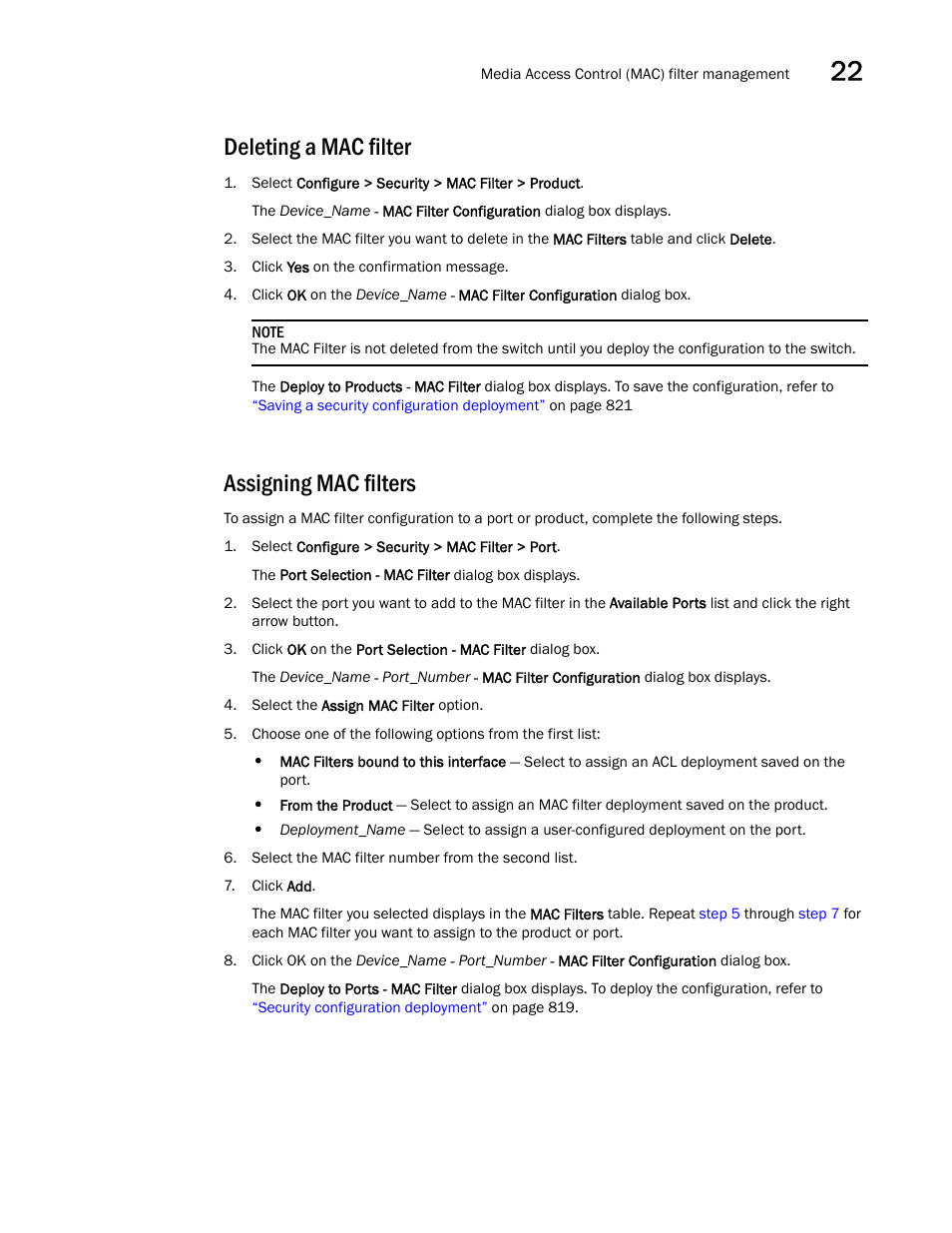 Deleting a mac filter, Assigning mac filters | Brocade Network Advisor SAN + IP User Manual v12.1.0 User Manual | Page 873 / 2389