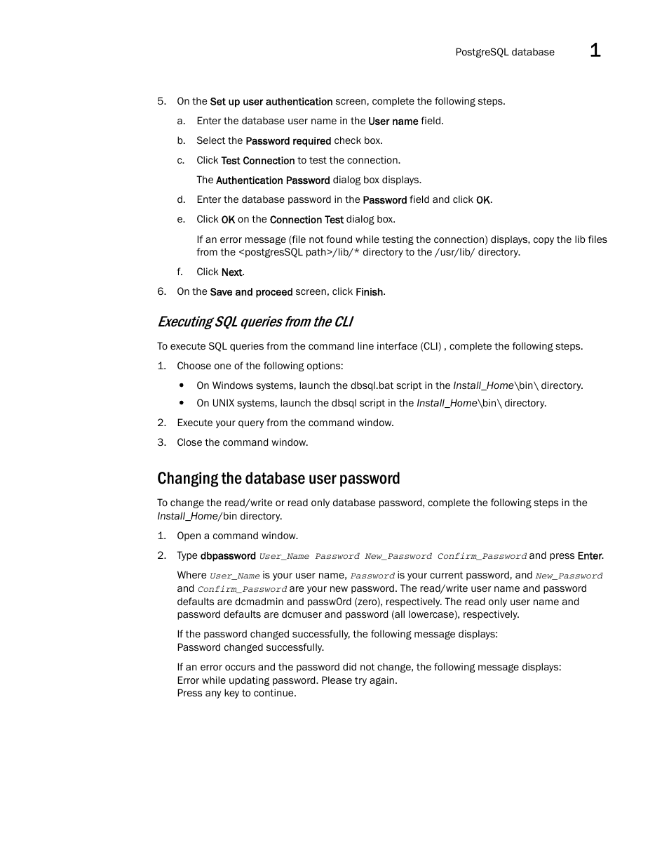 Changing the database user password, Executing sql queries from the cli | Brocade Network Advisor SAN + IP User Manual v12.1.0 User Manual | Page 92 / 2389