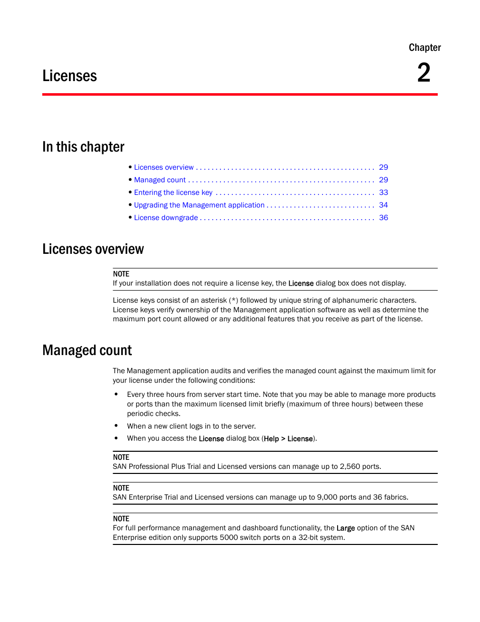 Licenses, Licenses overview, Managed count | Chapter 2, Chapter 2, “licenses | Brocade Network Advisor SAN + IP User Manual v12.1.0 User Manual | Page 98 / 2389