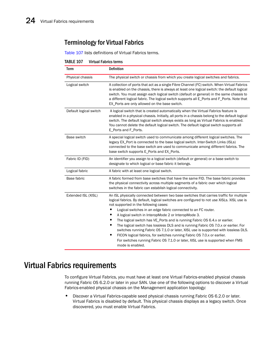 Virtual fabrics requirements, Terminology for virtual fabrics | Brocade Network Advisor SAN + IP User Manual v12.3.0 User Manual | Page 1030 / 2702