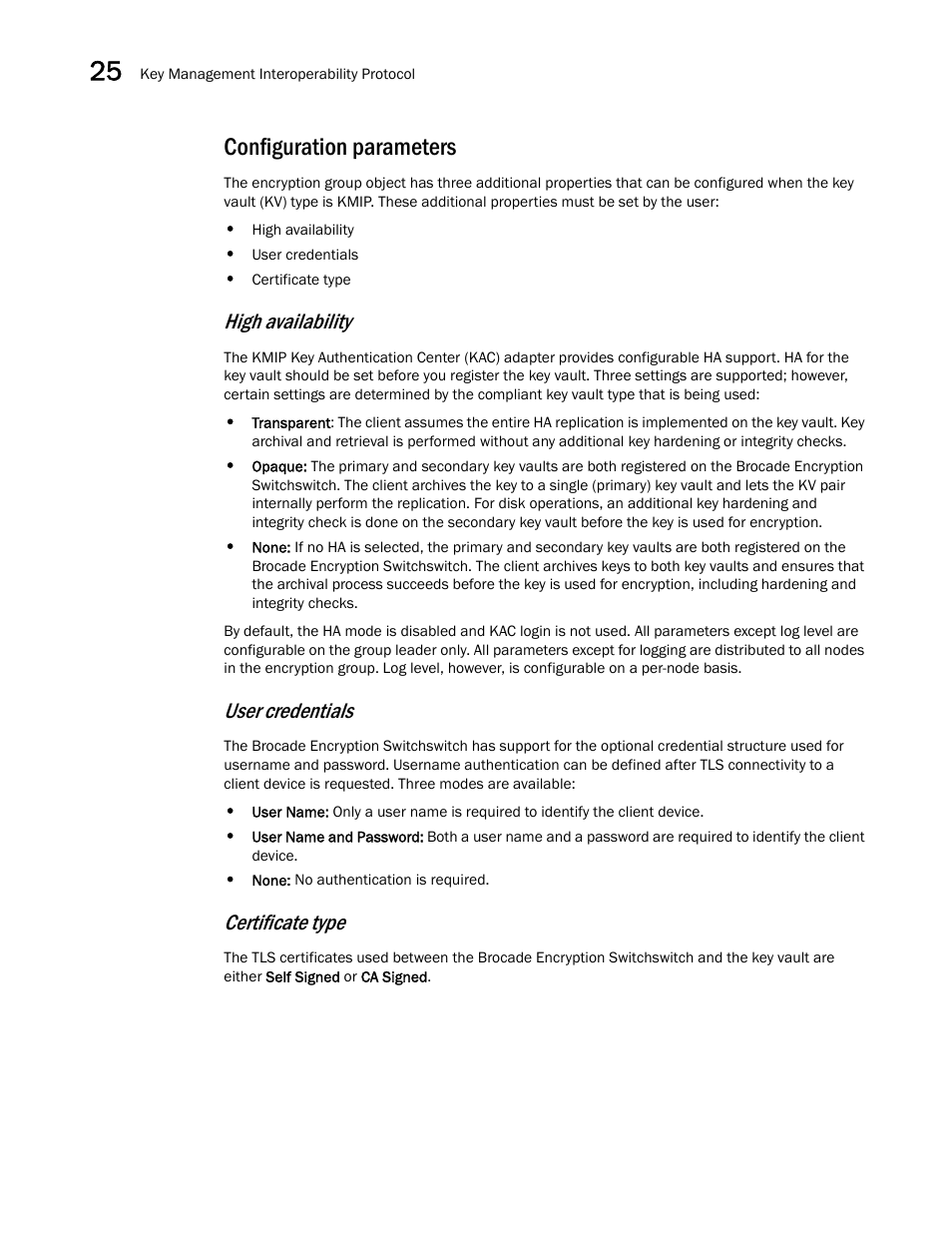 Configuration parameters, High availability, User credentials | Certificate type | Brocade Network Advisor SAN + IP User Manual v12.3.0 User Manual | Page 1064 / 2702