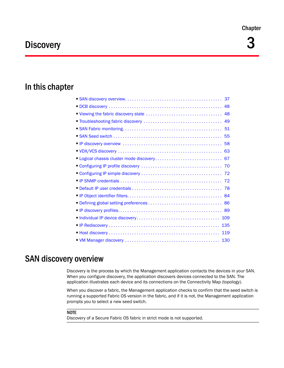 Discovery, San discovery overview, Chapter 3 | Chapter 3, “discovery | Brocade Network Advisor SAN + IP User Manual v12.3.0 User Manual | Page 107 / 2702