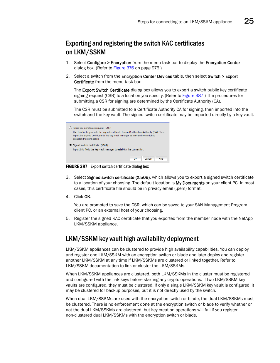 Lkm/sskm key vault high availability deployment, Exporting and, Lkm/sskm key vault | High availability deployment | Brocade Network Advisor SAN + IP User Manual v12.3.0 User Manual | Page 1075 / 2702