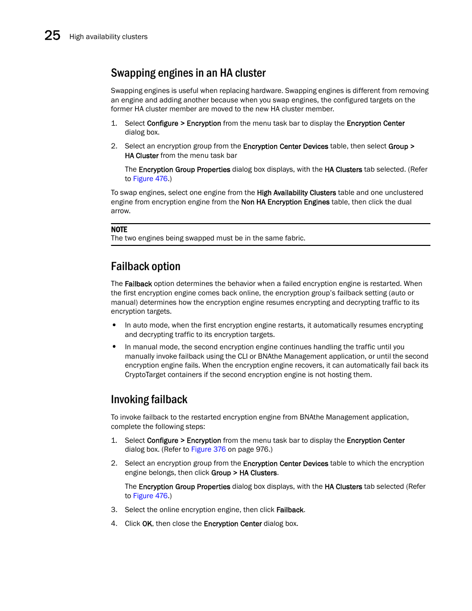 Swapping engines in an ha cluster, Failback option, Invoking failback | Brocade Network Advisor SAN + IP User Manual v12.3.0 User Manual | Page 1164 / 2702