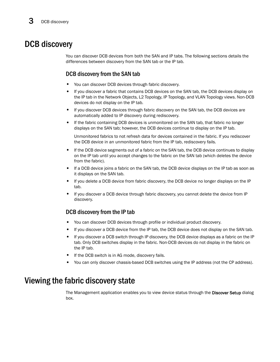 Dcb discovery, Viewing the fabric discovery state, Dcb discovery from the san tab | Dcb discovery from the ip tab | Brocade Network Advisor SAN + IP User Manual v12.3.0 User Manual | Page 118 / 2702