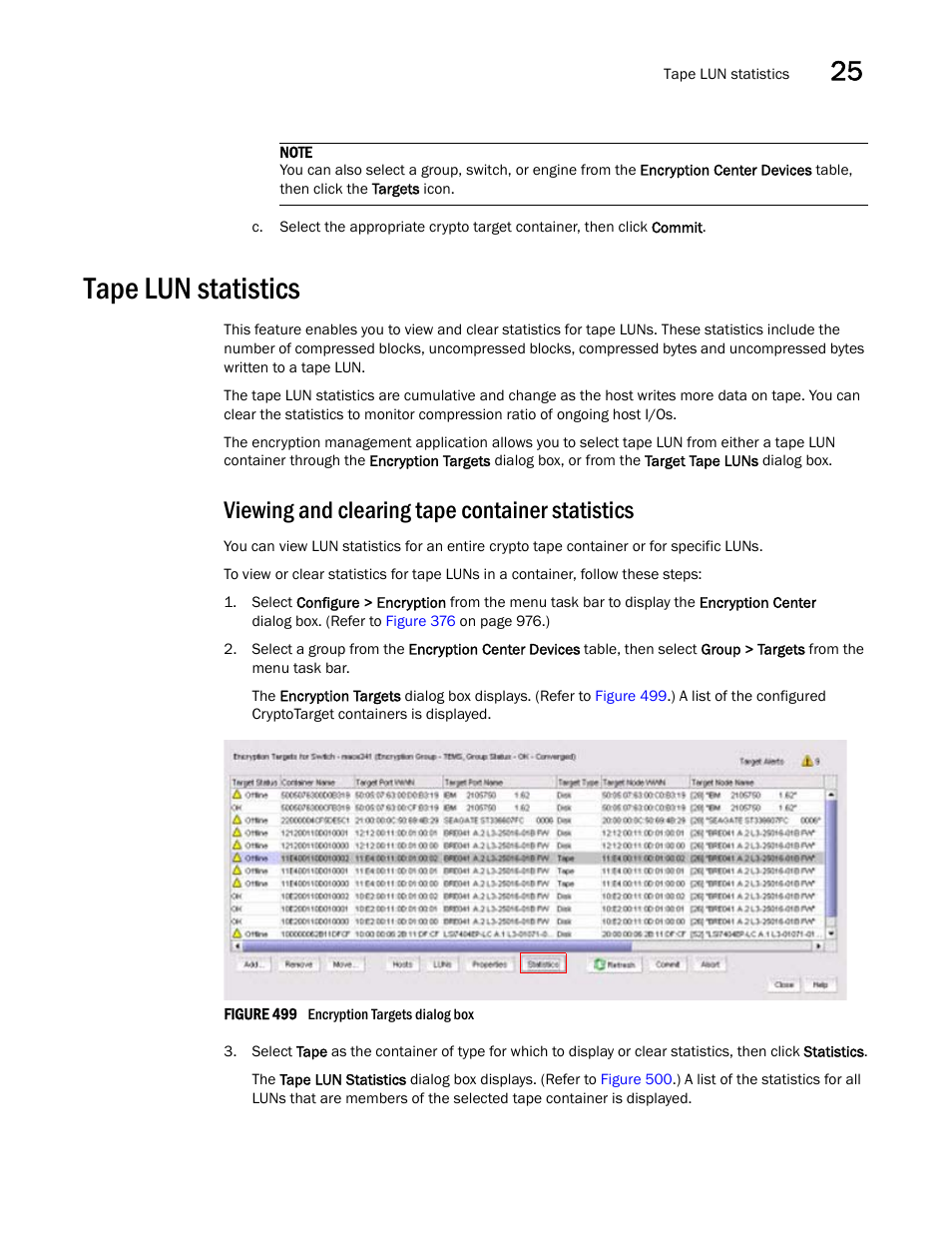 Tape lun statistics, Viewing and clearing tape container statistics, Tape lun statistics 7 | Brocade Network Advisor SAN + IP User Manual v12.3.0 User Manual | Page 1189 / 2702