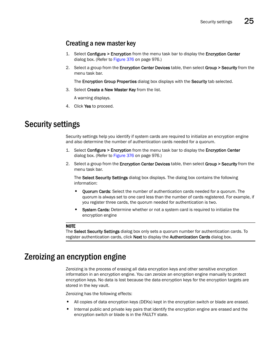 Creating a new master key, Security settings, Zeroizing an encryption engine | Security settings 1, Zeroizing an encryption engine 1, Creating a new, Master key | Brocade Network Advisor SAN + IP User Manual v12.3.0 User Manual | Page 1203 / 2702