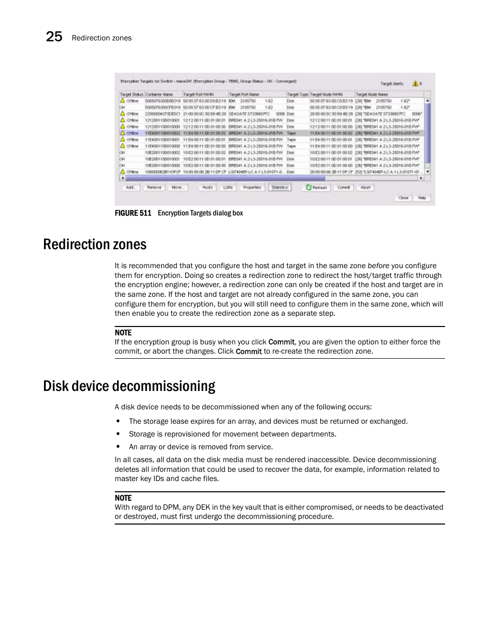 Redirection zones, Disk device decommissioning, Redirection zones 4 | Disk device decommissioning 4 | Brocade Network Advisor SAN + IP User Manual v12.3.0 User Manual | Page 1206 / 2702