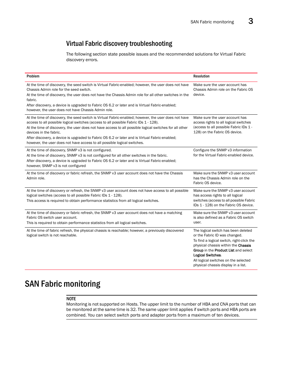 Virtual fabric discovery troubleshooting, San fabric monitoring | Brocade Network Advisor SAN + IP User Manual v12.3.0 User Manual | Page 121 / 2702