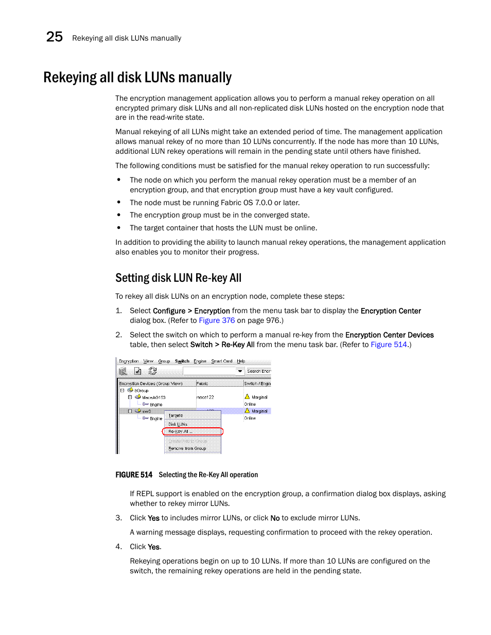 Rekeying all disk luns manually, Setting disk lun re-key all, Rekeying all disk luns manually 8 | Brocade Network Advisor SAN + IP User Manual v12.3.0 User Manual | Page 1210 / 2702