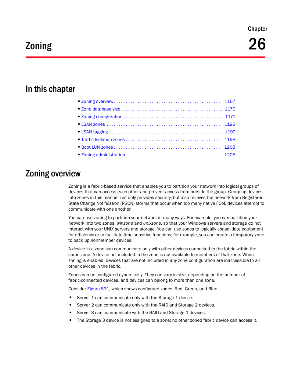 Zoning, Zoning overview, Chapter 26 | Chapter 26, “zoning | Brocade Network Advisor SAN + IP User Manual v12.3.0 User Manual | Page 1239 / 2702