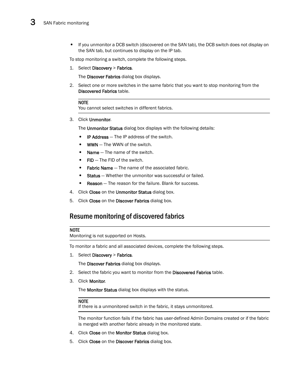 Resume monitoring of discovered fabrics | Brocade Network Advisor SAN + IP User Manual v12.3.0 User Manual | Page 124 / 2702
