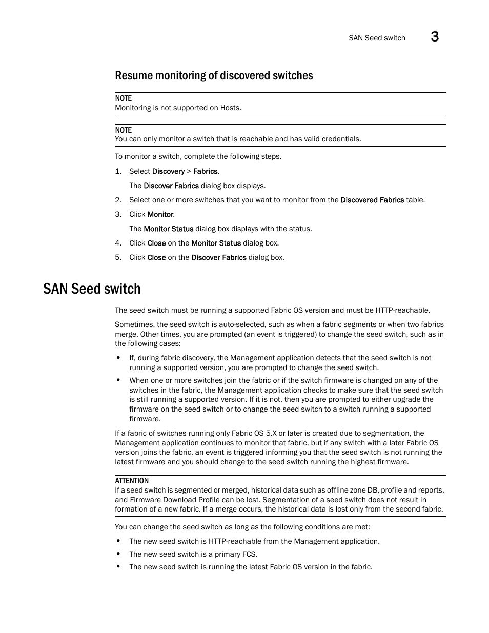 Resume monitoring of discovered switches, San seed switch | Brocade Network Advisor SAN + IP User Manual v12.3.0 User Manual | Page 125 / 2702