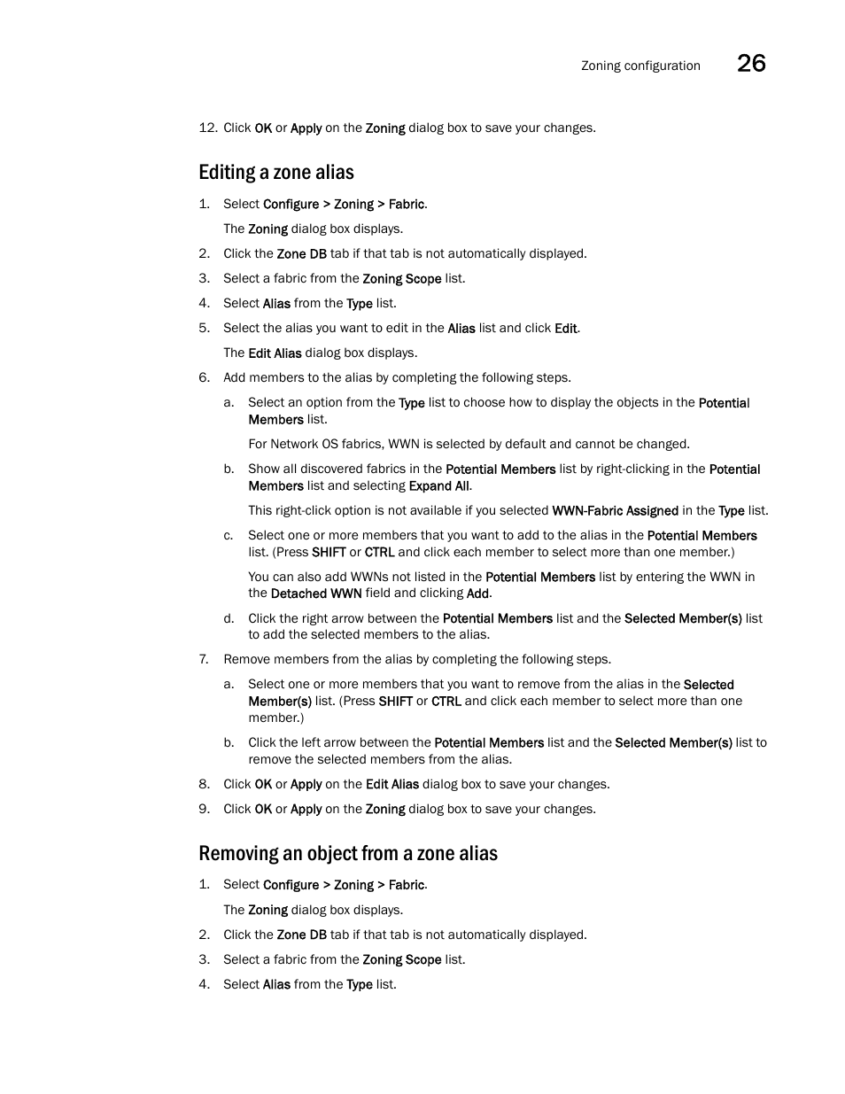 Editing a zone alias, Removing an object from a zone alias | Brocade Network Advisor SAN + IP User Manual v12.3.0 User Manual | Page 1251 / 2702