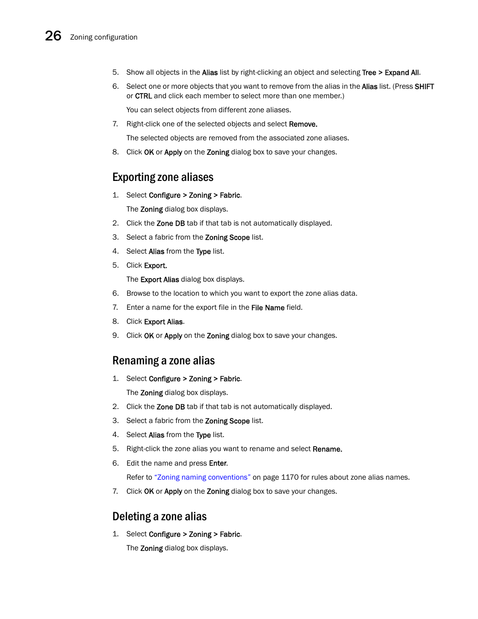 Exporting zone aliases, Renaming a zone alias, Deleting a zone alias | Brocade Network Advisor SAN + IP User Manual v12.3.0 User Manual | Page 1252 / 2702