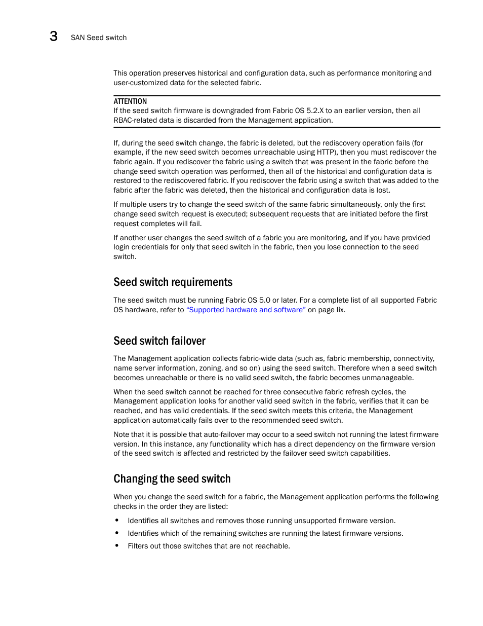 Seed switch failover, Changing the seed switch, Seed switch requirements | Brocade Network Advisor SAN + IP User Manual v12.3.0 User Manual | Page 126 / 2702