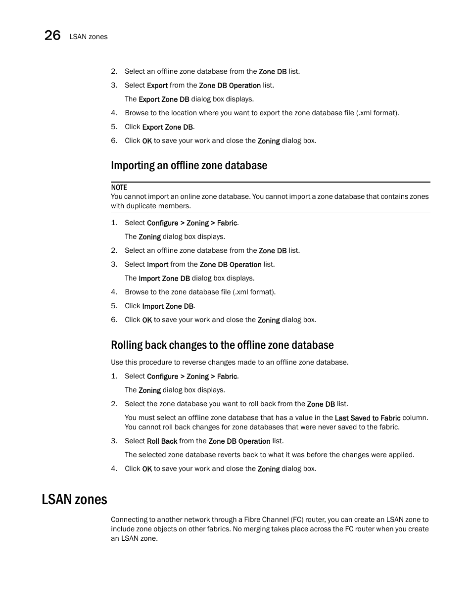 Importing an offline zone database, Rolling back changes to the offline zone database, Lsan zones | Lsan zones 2 | Brocade Network Advisor SAN + IP User Manual v12.3.0 User Manual | Page 1264 / 2702