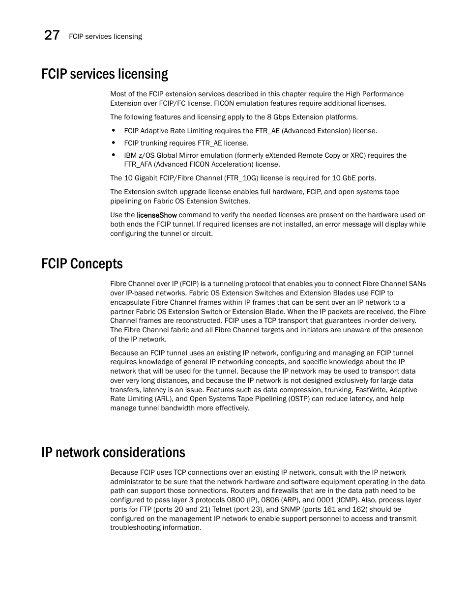 Fcip services licensing, Fcip concepts, Ip network considerations | Fcip services licensing 6, Fcip concepts 6, Ip network considerations 6 | Brocade Network Advisor SAN + IP User Manual v12.3.0 User Manual | Page 1288 / 2702