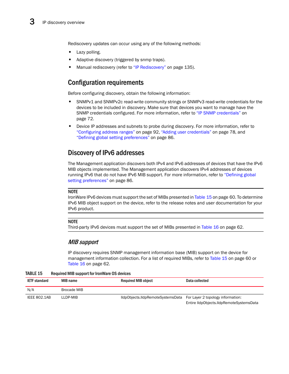 Discovery of ipv6 addresses, Configuration requirements, Mib support | Brocade Network Advisor SAN + IP User Manual v12.3.0 User Manual | Page 130 / 2702