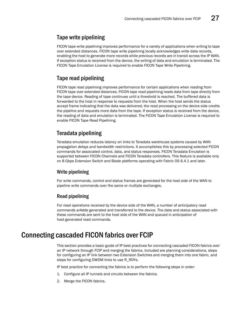 Tape write pipelining, Tape read pipelining, Teradata pipelining | Connecting cascaded ficon fabrics over fcip, Connecting cascaded ficon fabrics over fcip 3 | Brocade Network Advisor SAN + IP User Manual v12.3.0 User Manual | Page 1305 / 2702