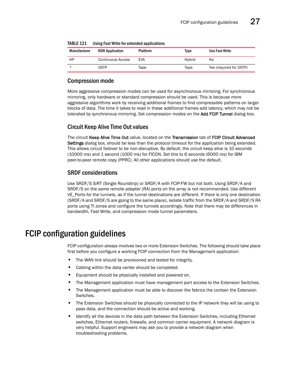 Fcip configuration guidelines, Fcip configuration guidelines 9, Compression mode | Circuit keep alive time out values, Srdf considerations | Brocade Network Advisor SAN + IP User Manual v12.3.0 User Manual | Page 1311 / 2702