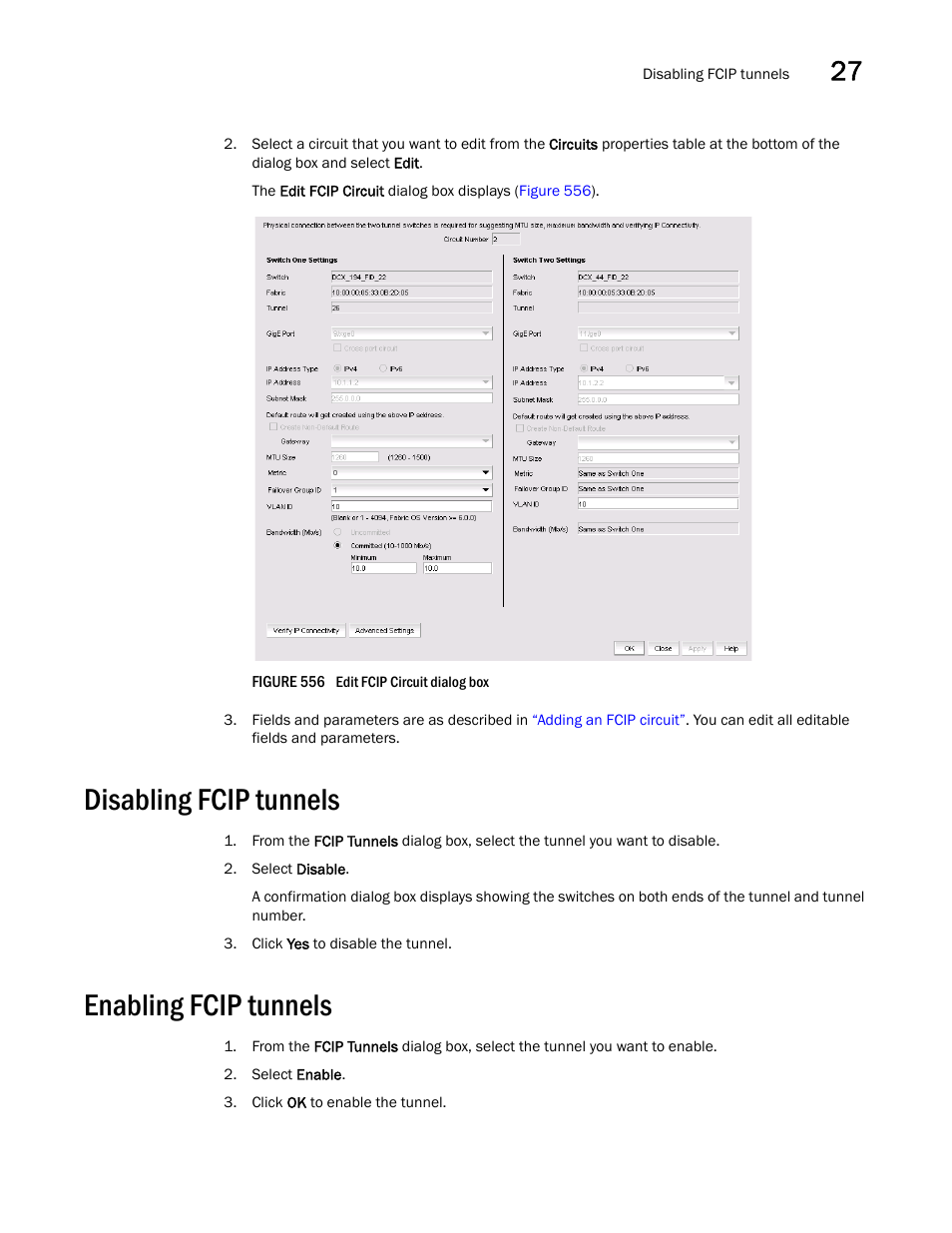 Disabling fcip tunnels, Enabling fcip tunnels, Disabling fcip tunnels 1 | Enabling fcip tunnels 1 | Brocade Network Advisor SAN + IP User Manual v12.3.0 User Manual | Page 1333 / 2702