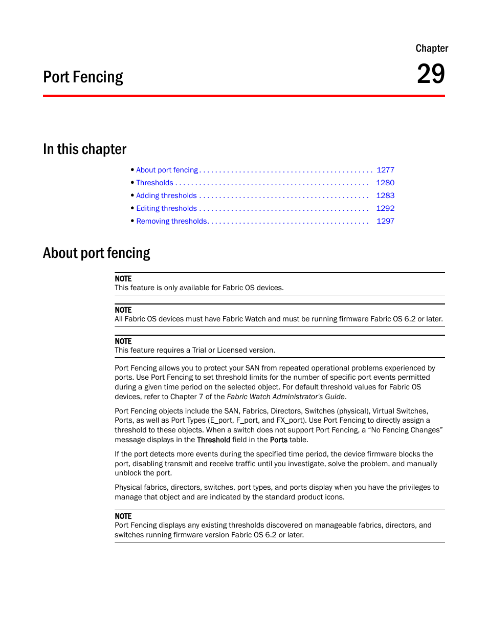 Port fencing, About port fencing, Chapter 29 | Chapter 29, “port fencing | Brocade Network Advisor SAN + IP User Manual v12.3.0 User Manual | Page 1349 / 2702